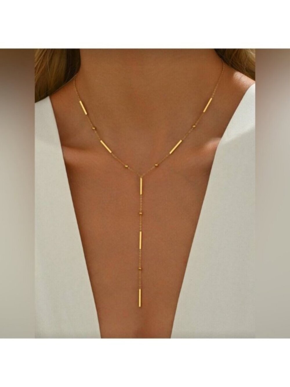 Gold Plated Stainless Steel Bar Lariat Necklace Minimalist Y Necklace